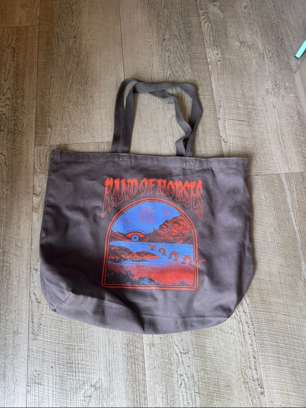 Band of Horses Graphic Canvas Tote Bag - grey with Red & Blue Print